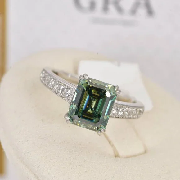 Certified 4ct Blue Green Emerald Cut Moissanite Engagement Ring 925 Sterling - Picture 6 of 10